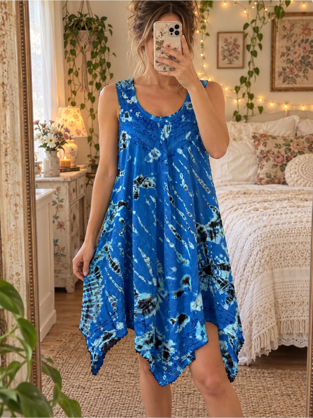 Boho Tie-Dye Blue Sleeveless Swing Dress